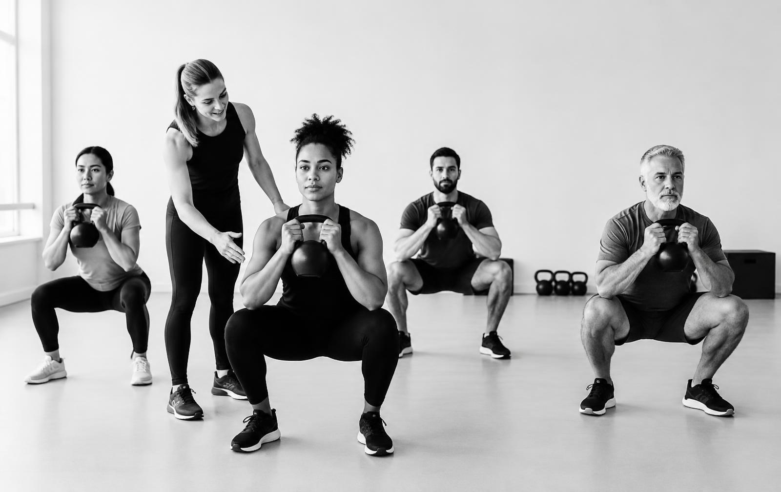 Grupo reducido entrenando con kettlebells y una entrenadora